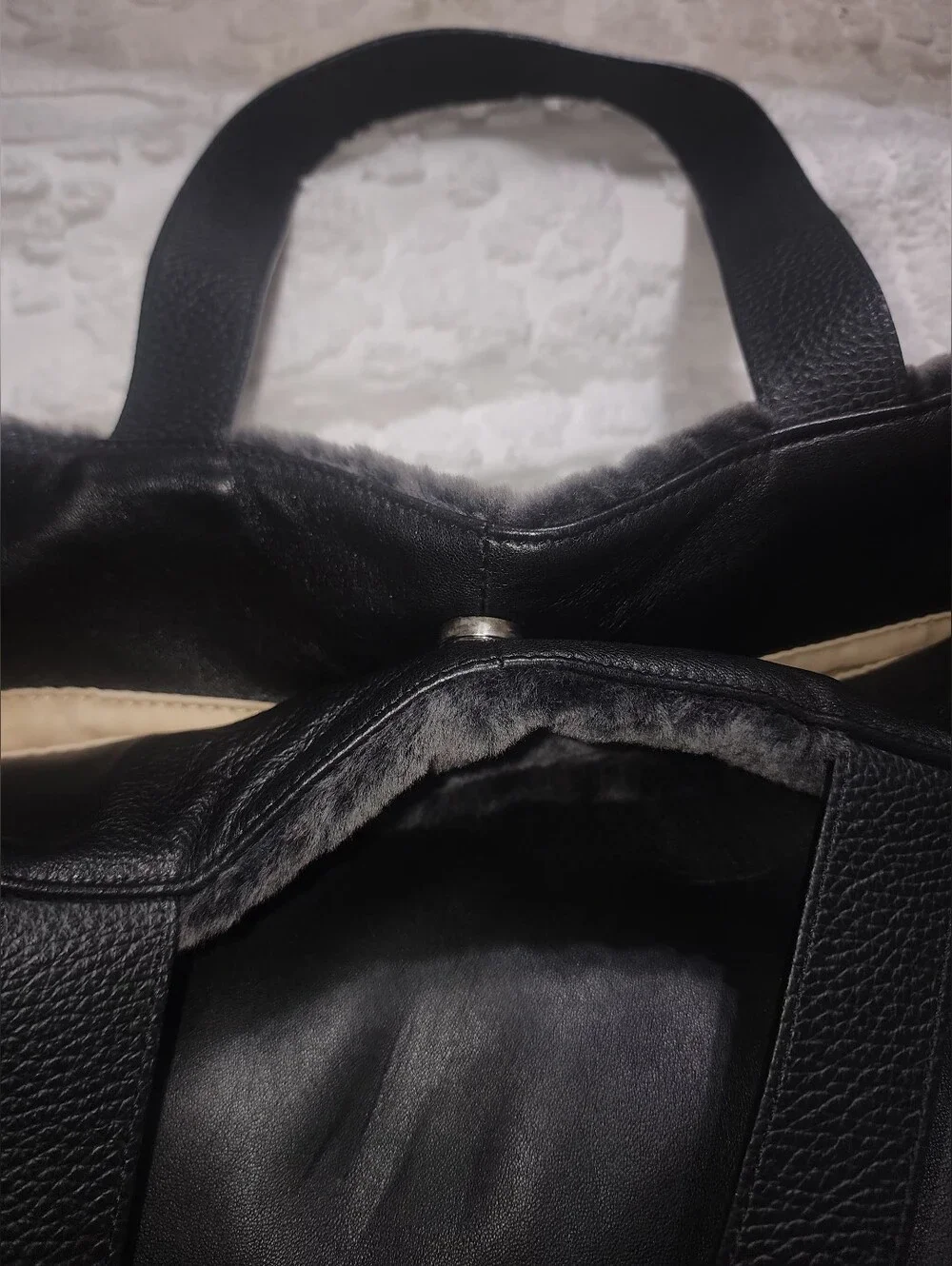Lisa Conte Italy Black Lambskin & Pebbled Leather tote Featuring Shearling Fur
